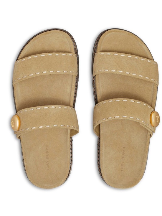 Tory Burch Shoes - Tory Burch Beige Suede Double Strap Sport Slide Sandals Gold Logo Romy EUC 8.5